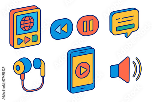 Language Learning Icons. Isometric vector illustration set Language learning – travel phrase audio player, play/pause, rewind;