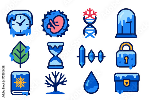 Frozen Time Icons. Flat vector icons of Frozen Time: clock in ice, embryo in frost, snowflake DNA, cryo capsule, frozen leaf,