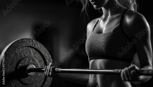 Fit Young Woman Bodybuilder Exercising With Heavy Barbell Plate In Gym, Black And White Photo Emphasizing Muscular Body And Strong Hand.