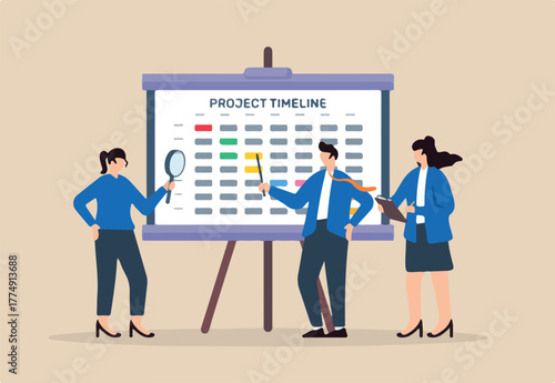 Vector illustration of colleagues analyzing project timeline on whiteboard deadline tracking and task prioritization