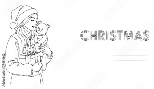 Woman Holding Presents and Teddy Bear on Christmas Postcard Layout – Elegant Holiday Line Art Vector Illustration