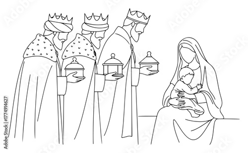Three Wise Men Presenting Gifts to Mary and Baby Jesus – Nativity Christmas Line Art Vector Illustration