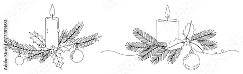 Christmas Candle Centerpiece with Pine Branches and Baubles – Elegant Holiday Decorative Line Art Vector Illustration