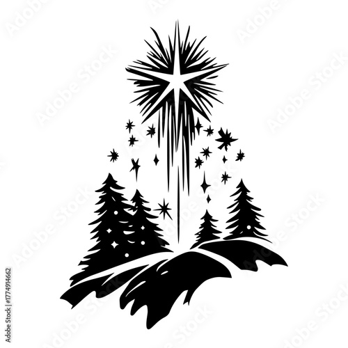 Star of Bethlehem Shining Above Snowy Pines – Symbolic Nativity Christmas Silhouette Vector Graphic