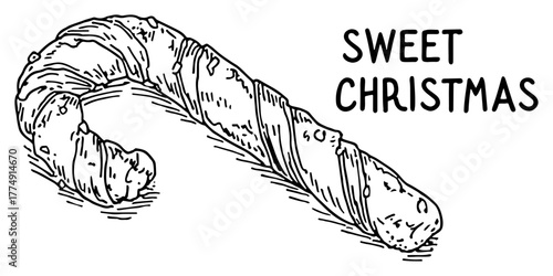 Sweet Christmas Candy Cane Sketch with Hand Lettering – Vintage Holiday Treat Vector Illustration