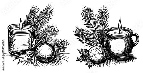 Christmas Candle Centerpiece with Pine Needles and Ornament – Vintage Holiday Sketch Vector Illustration
