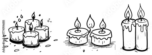Burning Tealight and Pillar Candle Set – Hand‑Drawn Winter Holiday Warmth Sketch Vector Illustration