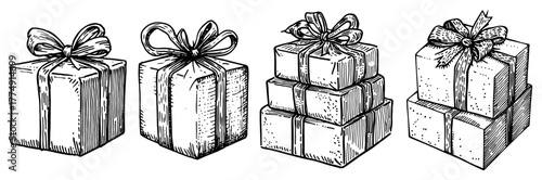 Hand‑Drawn Gift Box Collection with Ribbons – Vintage Christmas Present Sketch Vector Illustration