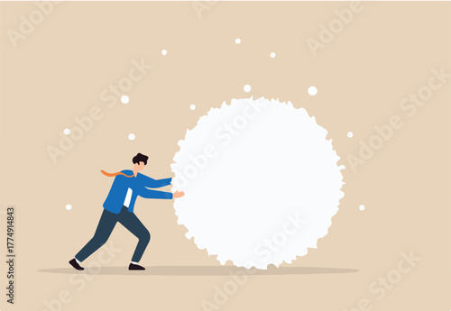 Flat illustration of businessman pushing giant snowball to symbolize momentum consistency persistence and compounding growth