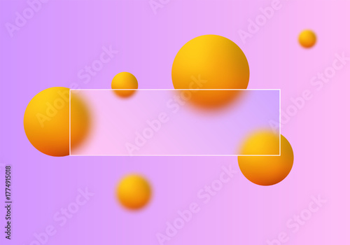 Horizontal transparent frame on a lilac-pink gradient background with yellow spheres. Eps 10