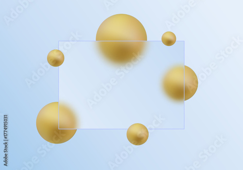 Transparent rectangular frame on a blue background with golden 3D spheres. Eps 10
