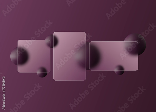 Three transparent glass panels of different shapes on a rich purple background. Eps 10