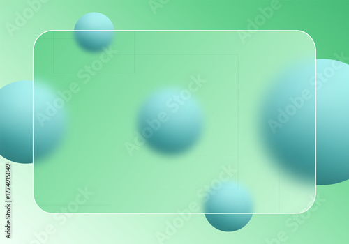 Horizontal frosted glass panel against a mint-green gradient and spheres background. Eps 10