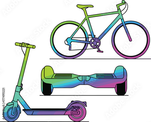 Electric Scooter, hoverboard, and bicycle vector illustration, personal transport devices, modern and traditional commuting options, urban mobility concept