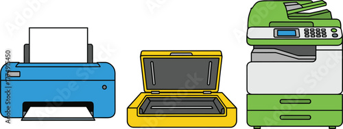 Printer, scanner, and copier vector illustration, office document handling devices, workplace equipment icons, digital workflow tools for business and productivity content