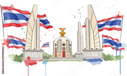Democracy Monument with Thai Flags on National Day