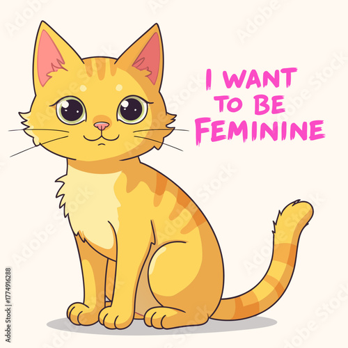 Cute orange cat expressing its desire for femininity in a playful flat vector illustration featuring soft colors and whimsical design