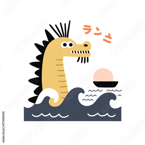 Whimsical sea creature plays with a floating pearl in playful waves during a bright and cheerful day