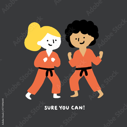Two enthusiastic kids in orange martial arts uniforms practicing together in a fun and encouraging environment