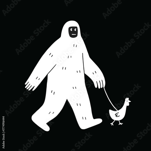 Cute bigfoot character walking a chicken on a leash in a playful flat vector style illustration