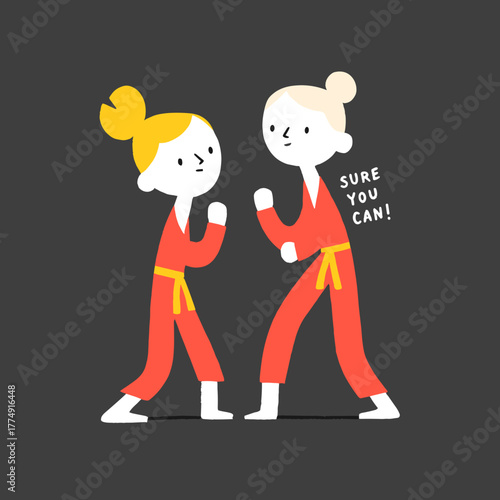 Two cheerful characters sparring in colorful outfits, encouraging each other in a fun and playful martial arts practice session
