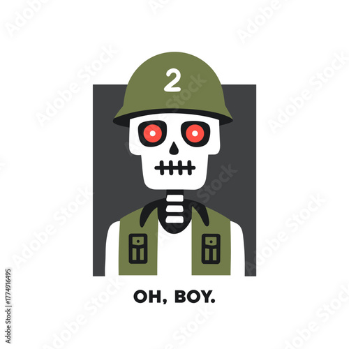 Unique flat vector illustration of a cute skeleton soldier in green helmet showcasing playful energy and charm with a quirky expression