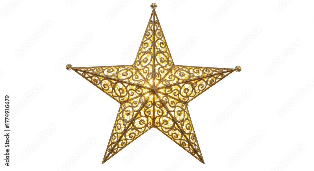 Obraz premium Illuminated ornate metal star with intricate swirling patterns on white background