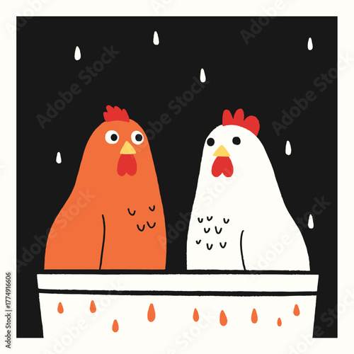 Cute chickens enjoying a rainy day in a cozy farmyard illustration with cheerful colors