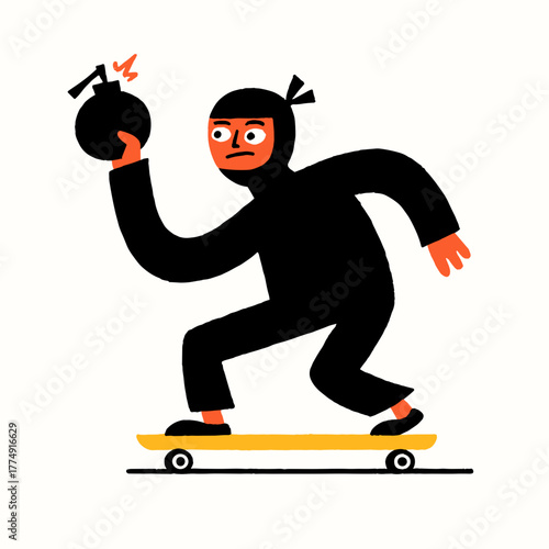 Skateboarding ninja ready for action with a bomb in a vibrant urban setting at dusk