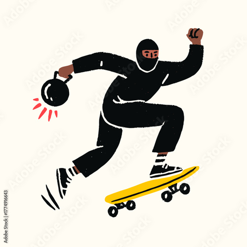 Dynamic ninja skater performing tricks with a playful bomb, showcasing vibrant flat colors in a lively urban scene