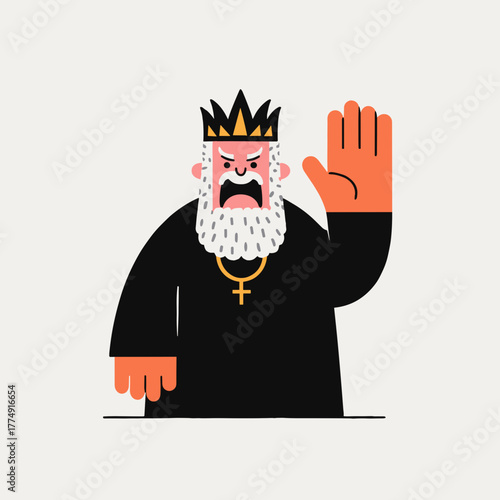 Majestic king with an imposing presence raising a hand for attention in a vibrant flat vector style