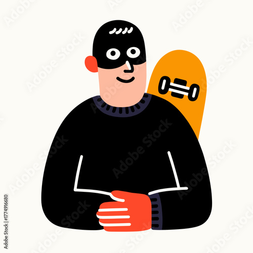 Smiling thief character with skateboard in a playful vector illustration style using bright flat colors