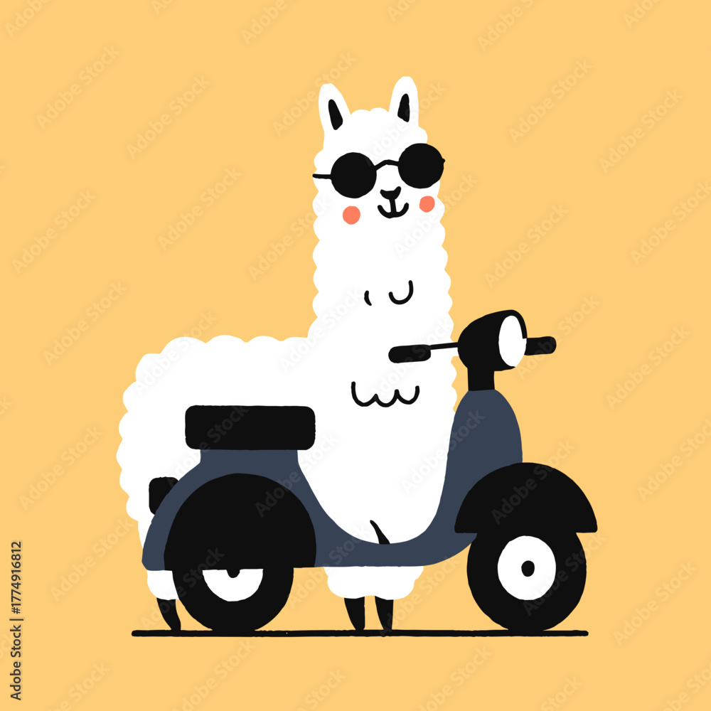 Obraz premium Happy llama riding a scooter in sunny weather with sunglasses, showcasing a playful and colorful atmosphere