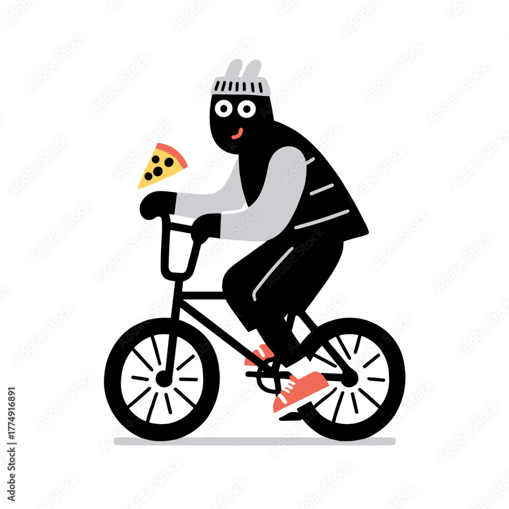 Naklejka premium Cycling with a slice of pizza in a fun and colorful vector illustration