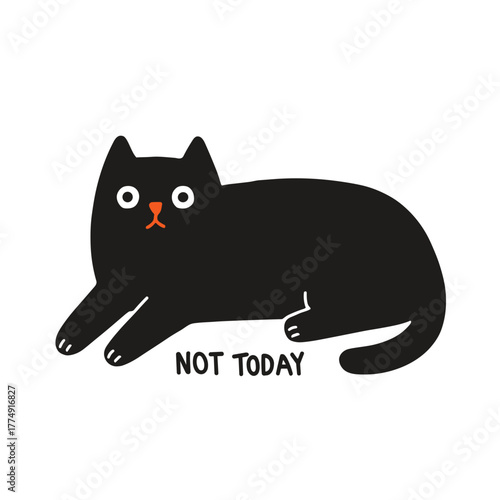 Cute black cat lounging with playful expression and humorous caption in a charming vector design featuring flat colors