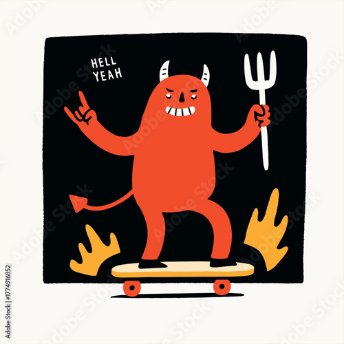 Cool vector illustration of a playful red devil skating with a pitchfork and flames around