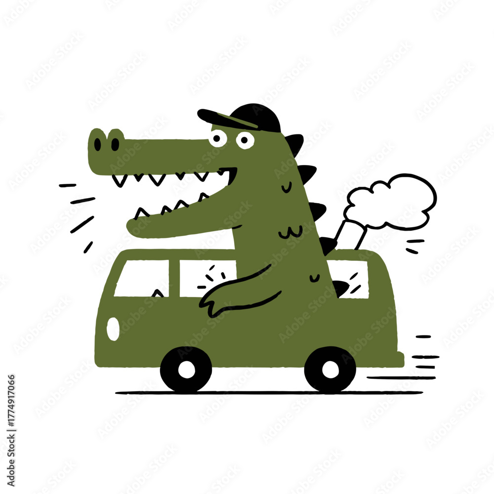 Naklejka premium Crocodile on a fun road trip in a colorful flat vector illustration