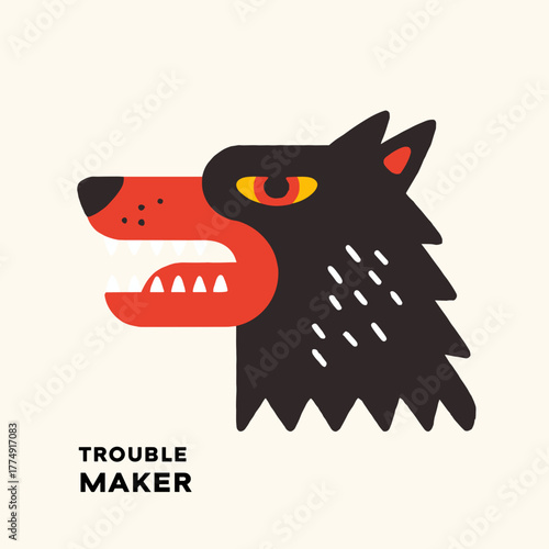 Creative vector illustration of a fierce wolf head in bold colors embodying the spirit of a troublemaker