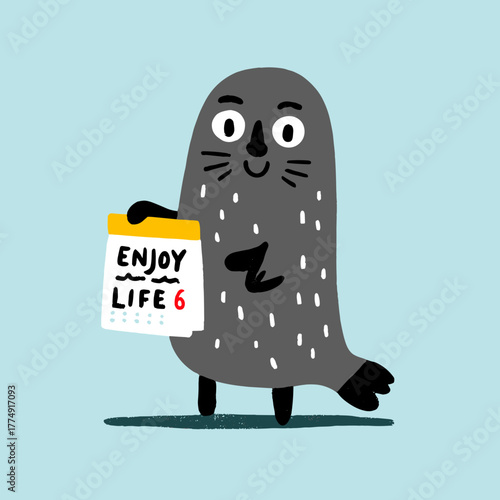 Cheerful seal holding a calendar promoting enjoyment of life with cute flat colors in a vibrant vector illustration