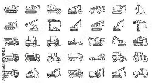 Heavy Construction Machinery Icons – Industrial Equipment, Engineering Vehicles, and Worksite Tools Vector Pack