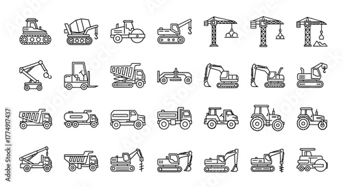 Engineering and Construction Vehicle Icons – Excavator, Tractor, and Industrial Machinery Vector