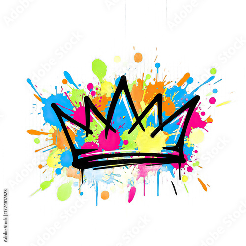 Crown Symbol Art Splatter Paint Vibrant Colors Black Outline on Transparent Background