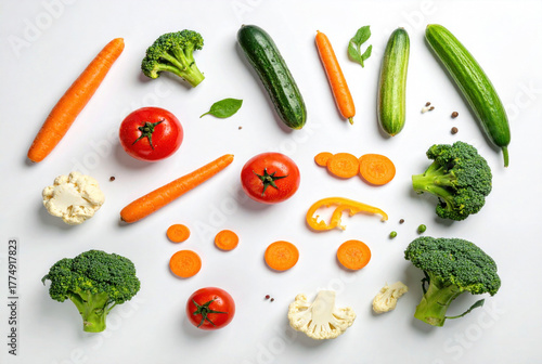 Assorted fresh vegetables arranged aesthetically on a pure white background. Includes a mix of colorful produce such as tomatoes, carrots, bell peppers, borecole, cauliflowers, farm fresh vegetables