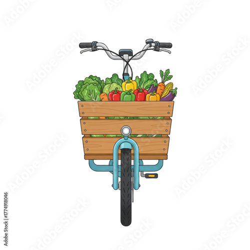 Detailed illustration of a bicycle with a wooden basket overflowing with fresh colorful produce against a transparent background