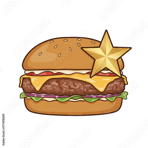 Detailed illustration of a juicy cheeseburger with a golden star emblem on a transparent background representing a high-quality food choice
