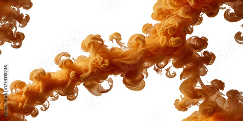 Orange color paint splash ink cloud liquid in water isolated transparent . Powerful cloud explosion, orange color spreads aggressively	