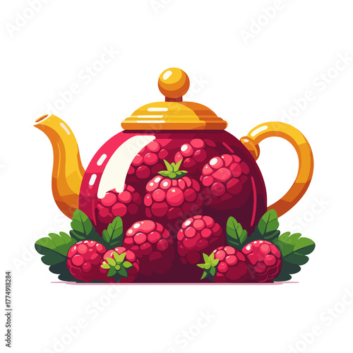 Vibrant teapot filled with fresh raspberries, representing a delicious tea ceremony on a clean background