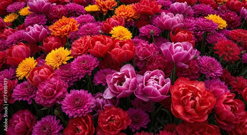 A vibrant display of numerous colorful blossoms, showcasing the beauty and diversity of nature's floral bounty in a natural setting ,park ,garden ,details