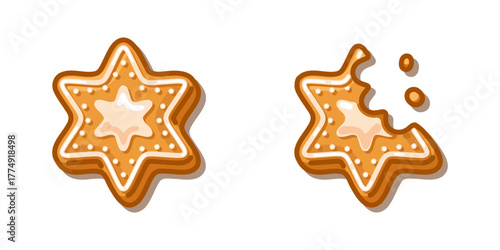 Gingerbread Star Cookie Set with icing decoration and bitten piece, cartoon sweet dessert design full of cozy festive warmth and joyful winter charm.