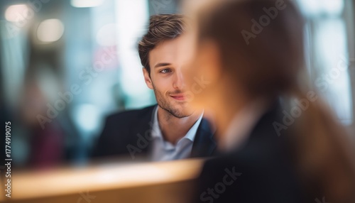 Attractive Young Businessman Engaging In Flirtatious Behavior With Female Receptionist At The Office. Situation Reflects Potential Inappropriate Workplace Behavior.